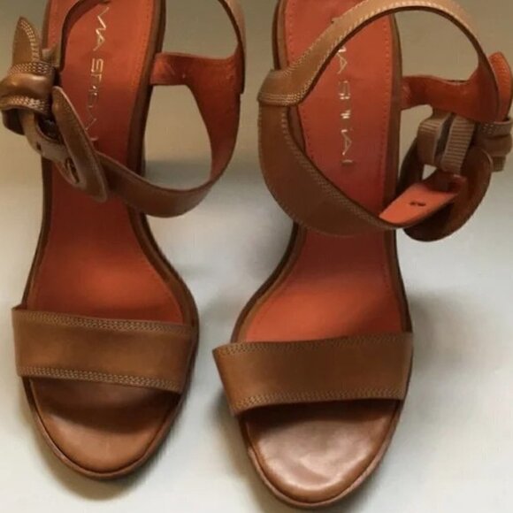 Via Spiga Tan Leather Heeled Buckle Sandals Size 9.5 - Picture 5 of 7
